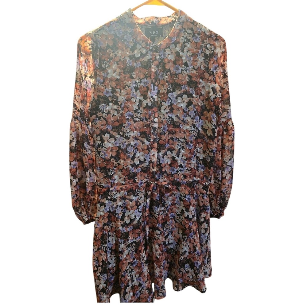 VICI Floral Chiffon Mini Dress Button Tie Waist Balloon Sleeve Lined Size XS